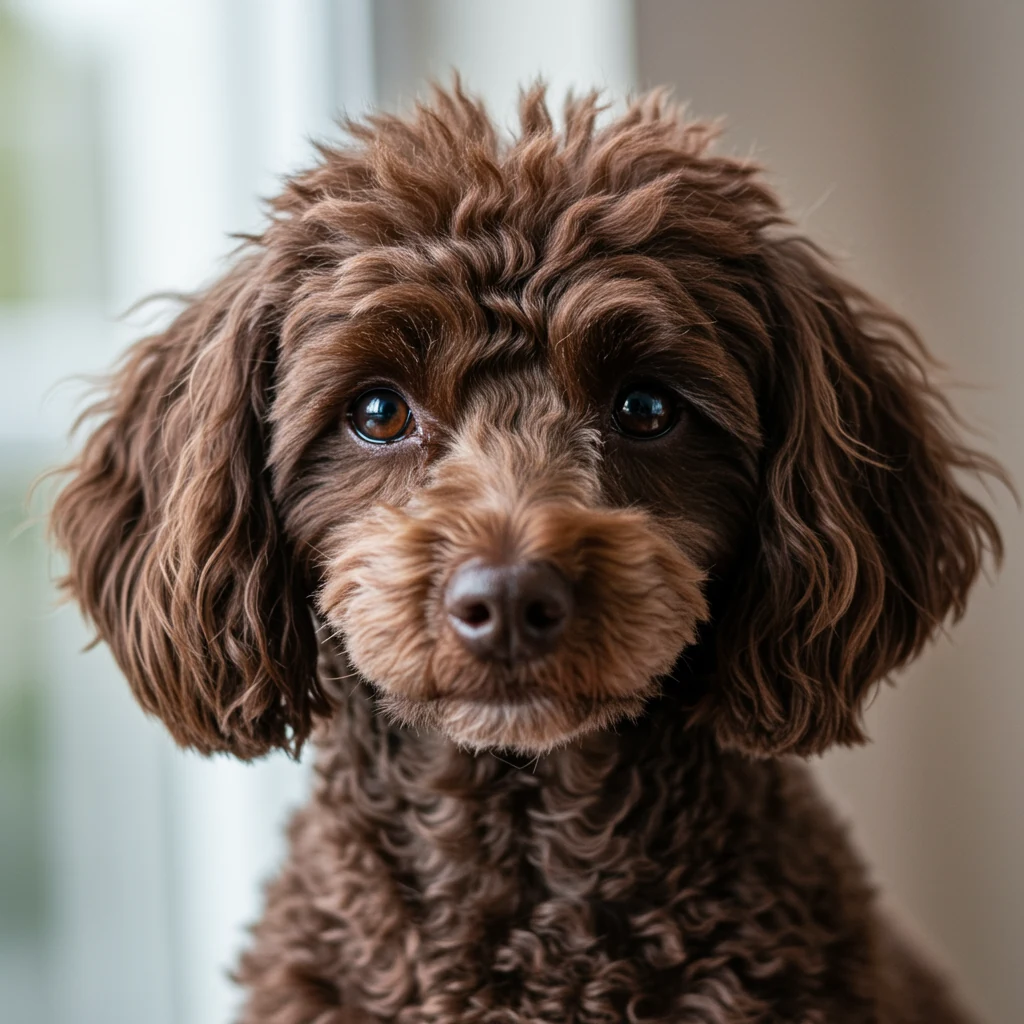 Portrait rapproche d'un caniche miniature adulte chocolat