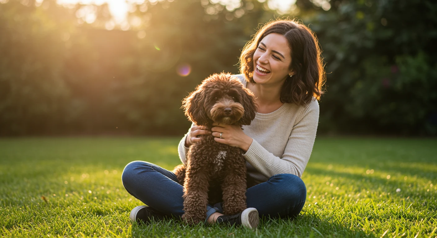 Jeune femme avec son caniche miniature dans un jardin ensoleille